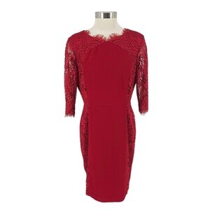 Antonio Melani Sheath Dress Holiday Christmas Red Lace 3/4 Sleeve Zip Back 12